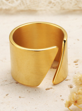 新款日韩风18K复古气质斜款开口戒指简约宽面几何不规则百搭指环