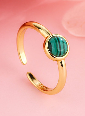 简约创意孔雀石戒指女款潮人设计个性绿色圆形戒指开口饰品戒