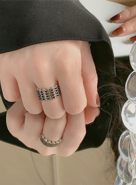 新品气质个性镶钻复古戒指30粒石网指环菱形网眼冷淡风做旧食指环