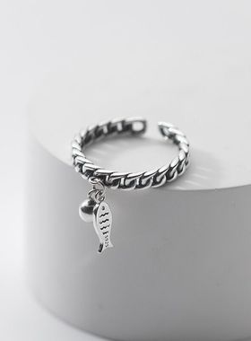 新款复古做旧镂空锁链光珠小鱼戒指女创意可爱指环气质甜美饰品戒