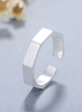 时尚个性螺帽菱形戒指韩版简约素银拉丝几何多边形开口戒指环饰品