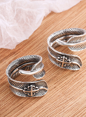 情侣戒指复古做旧十字架花纹羽毛戒指开口指环饰品情人节礼物戒指