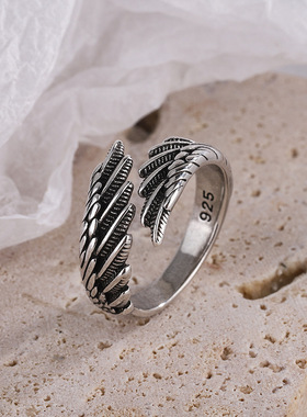 新款欧美复古做旧羽毛戒指简约时尚泰银饰品气质感指环戒指戒
