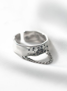 01311韩系复古做旧可爱小熊链条指环女款个性气质设计感开口饰品