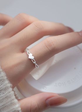 新品日韩风简约锁链磨砂爱心戒指女小清新气质精美冷淡风食指戒