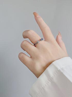 新款日系锁链彩钻笑脸戒指女简约复古做旧泰银时尚百搭小众饰品戒