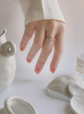 新品排钻双层戒指女日韩简约网红锆石开口指环冷淡风潮流食指戒戒