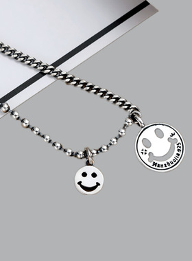 简约森系甜美笑脸项链女款复古泰银字母吊坠锁骨链四叶草微笑项链