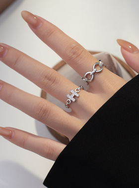 新款小众设计百搭个性镶钻字母H锁链镂空戒指ins风设计感手饰品