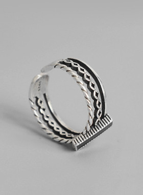 日韩版双层麻花金钱指环饰品简约复古黑色滴胶长方形开口戒指