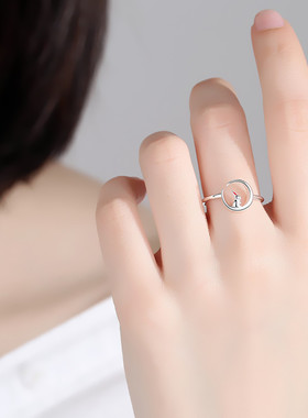 韩版森系弯弯月亮兔子指环简约太难可爱玉兔戒指开口食指厂家直销