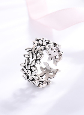 新品简约复古做旧小密叶子戒指女招财橄榄树叶开口戒指泰银饰品