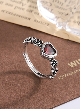 新款复古泰银做旧玫瑰花爱心戒指女简约时尚个性设计感潮人指环