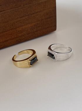 新品欧美风长方形锆石镶钻戒指女时尚气质设计感几何型个性指环戒