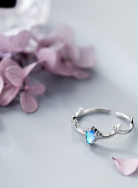 新品韩版时尚蓝色渐变水滴麋鹿戒指气质可爱甜美鹿角开口食指戒戒