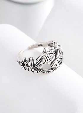 新品复古民族风双鱼镂空戒指女开口简约创意做旧鲤鱼指环个性潮