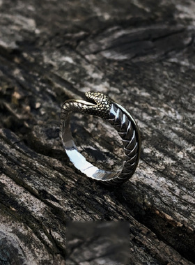 新款欧美复古潮流百搭衔尾蛇小众开口戒指蛇形泰银小众设计指环