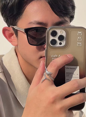 2024新品复古马林鱼老人与海戒指做旧泰银时尚个性男士开口指环