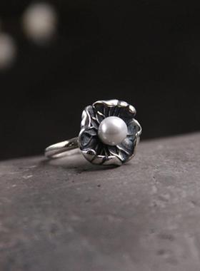 新款泰银宫廷文艺复古荷叶珍珠戒指时尚个性民族风轻奢气质指环