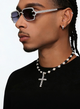 LUCKJAY珍珠虎眼石十字架项链男