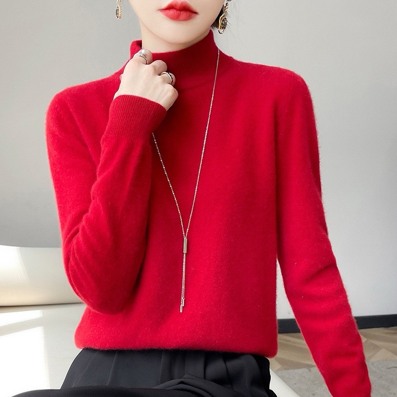 可贴身双层半高领羊毛衫女100 纯羊毛内搭纯色羊绒针织毛衣打底衫 - 图1