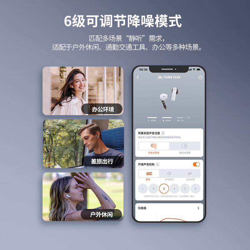 JBL TUNE FLEX小晶豆真无线蓝牙耳机半入耳主动降噪运动音乐耳机 - 图3
