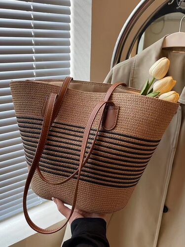 编织草编包2026夏季新款通勤大容量条纹单肩百搭时尚沙滩包女士 - 图2
