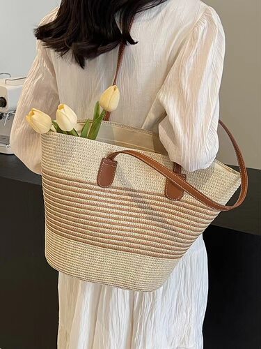 编织草编包2026夏季新款通勤大容量条纹单肩百搭时尚沙滩包女士 - 图3