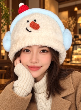 耳机雪人毛绒雷锋帽女冬季可爱显脸小保暖防寒针织帽套头护耳帽子