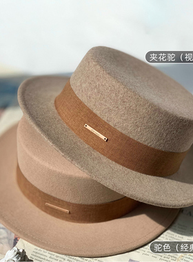 冬季羊毛呢英伦风时尚平沿平顶帽