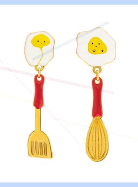轻奢品欧美可爱煎锅煎蛋锅铲子耳坠打蛋器s925银针耳环荷包蛋耳饰