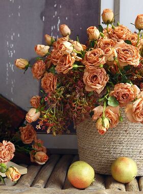 法式焦边仿真玫瑰花油画牡丹花假花干花复古客厅餐桌花装饰花插花