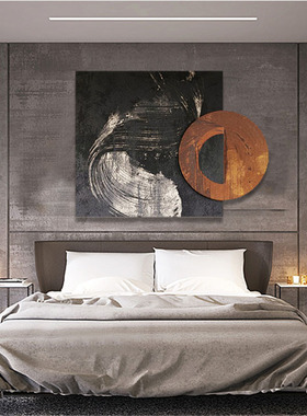 手绘装饰画抽象创意个性圆方双拼画中画橙色装置艺术玄关客厅挂画