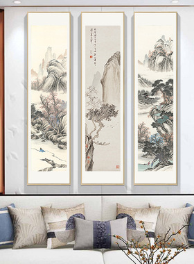新中式装饰画竖长条大幅三四联屏字画茶室茶楼玄关书房名客厅挂画