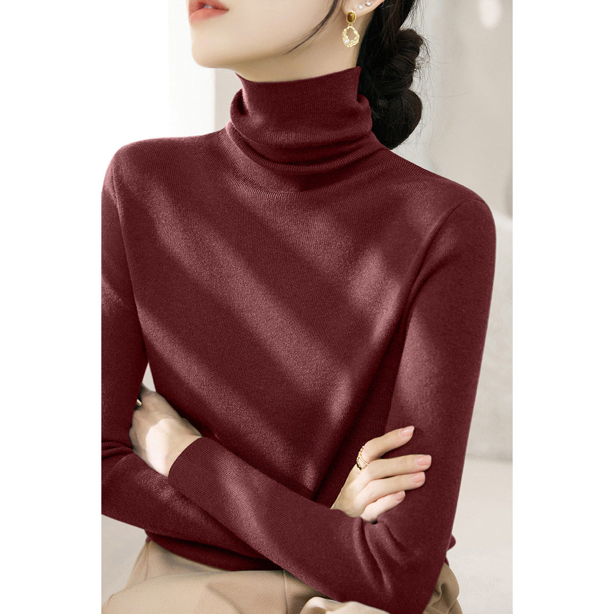 冬季新款深棕色长袖针织衫女大衣外套修身内搭打底上衣堆堆领毛衣,淘宝优惠券,粉丝福利购,淘宝优惠卷