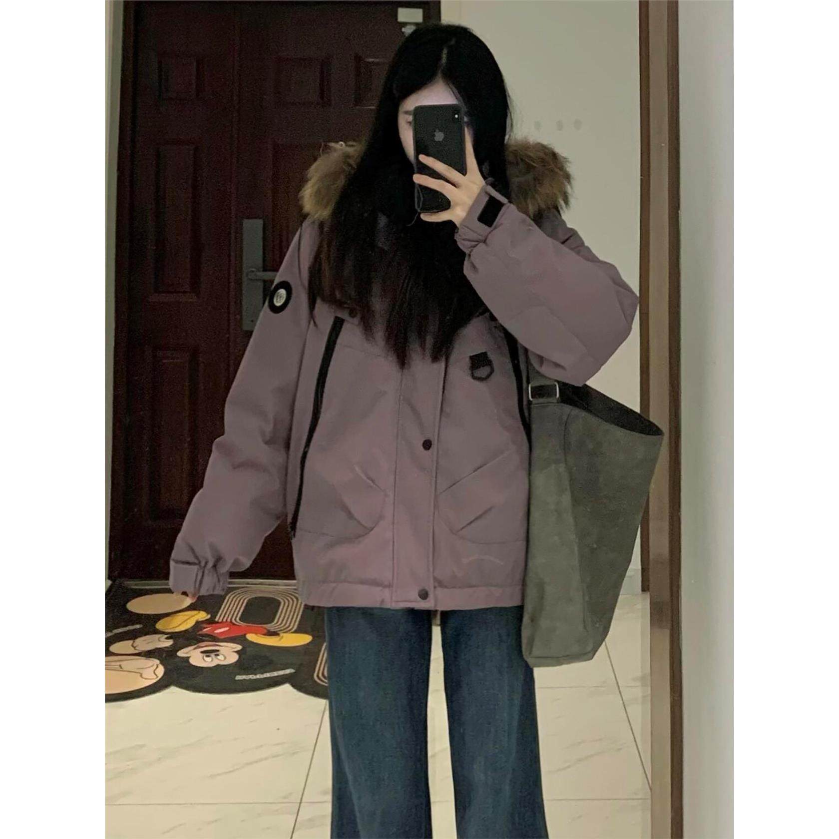 派克服棉服女款2025新款冬季连帽大毛领工装加绒加厚紫色棉衣外套,淘宝优惠券,粉丝福利购,淘宝优惠卷