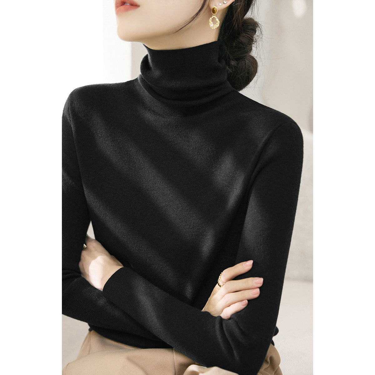 冬季新款深棕色长袖针织衫女大衣外套修身内搭打底上衣堆堆领毛衣,淘宝优惠券,粉丝福利购,淘宝优惠卷