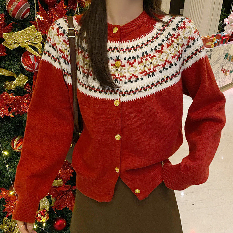 红色费尔岛风针织开 衫外套女2025年春秋新款毛衣内搭长袖打底上,淘宝优惠券,粉丝福利购,淘宝优惠卷