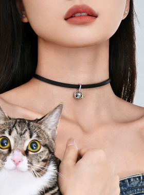 和猫 异瞳猫咪925银choker项圈黑色锁骨链颈链甜酷真皮颈链高级感
