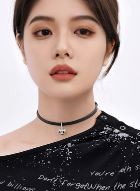 和猫 异瞳猫咪925银choker项圈黑色锁骨链颈链甜酷真皮颈链高级感