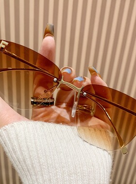 跨境欧美无框切边太阳镜字母F家ins时尚潮流大牌女士小香茶色墨镜