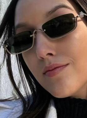 跨境赛博朋克风半框方形窄框墨镜男女金属太阳镜嘻哈蹦迪街拍眼镜