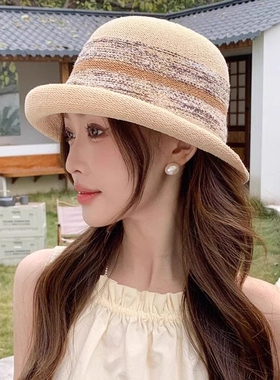时尚英伦花朵礼帽女夏季遮阳防晒帽子法式卷边太阳帽户外网纱凉帽