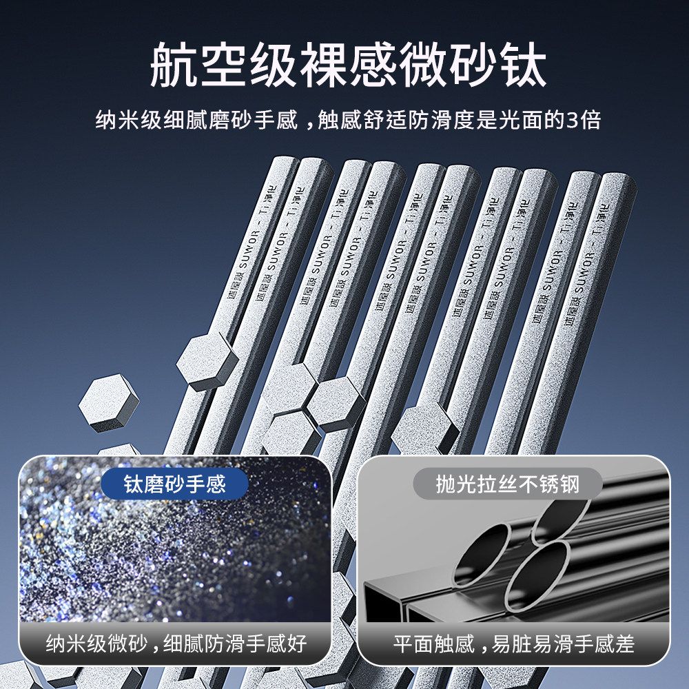 述屋说不锈钢筷子磨砂高档抗菌家用防滑防霉金属一人一筷礼盒钛筷