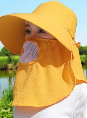防晒帽采茶帽女士夏季防紫外线护脖遮脸口罩渔夫帽遮阳可折叠透气