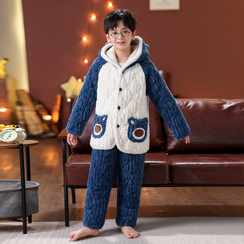 冬季儿童法兰绒睡衣女童女孩加厚款夹棉男童加绒珊瑚绒家居服套装 - 图0