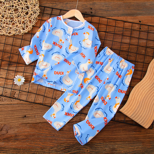 春季儿童棉绸睡衣男童空调服女童绵绸宝宝长袖居家服薄款亲子套装