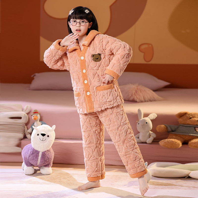 冬季儿童法兰绒睡衣女童女孩加厚款夹棉男童加绒珊瑚绒家居服套装 - 图1
