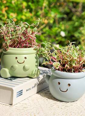 跨境可爱笑脸花树盆脂多肉园艺R7C0A0盆花器创意表情桌面栽容器