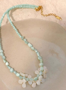 薄荷曼波绿色花朵锁骨项链串珠链